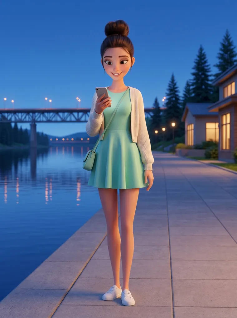 Generated picture of the same character on a riverside walkway at blue hour, checking her phone, with a long steel bridge, dark spruce and lit windows behind her.