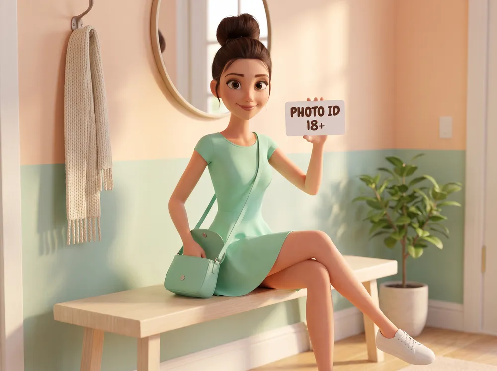 Generated picture of the same character sitting on a wooden bench in a pastel entryway, a mint bag open on her lap, holding up a white card that reads Photo ID 18+.